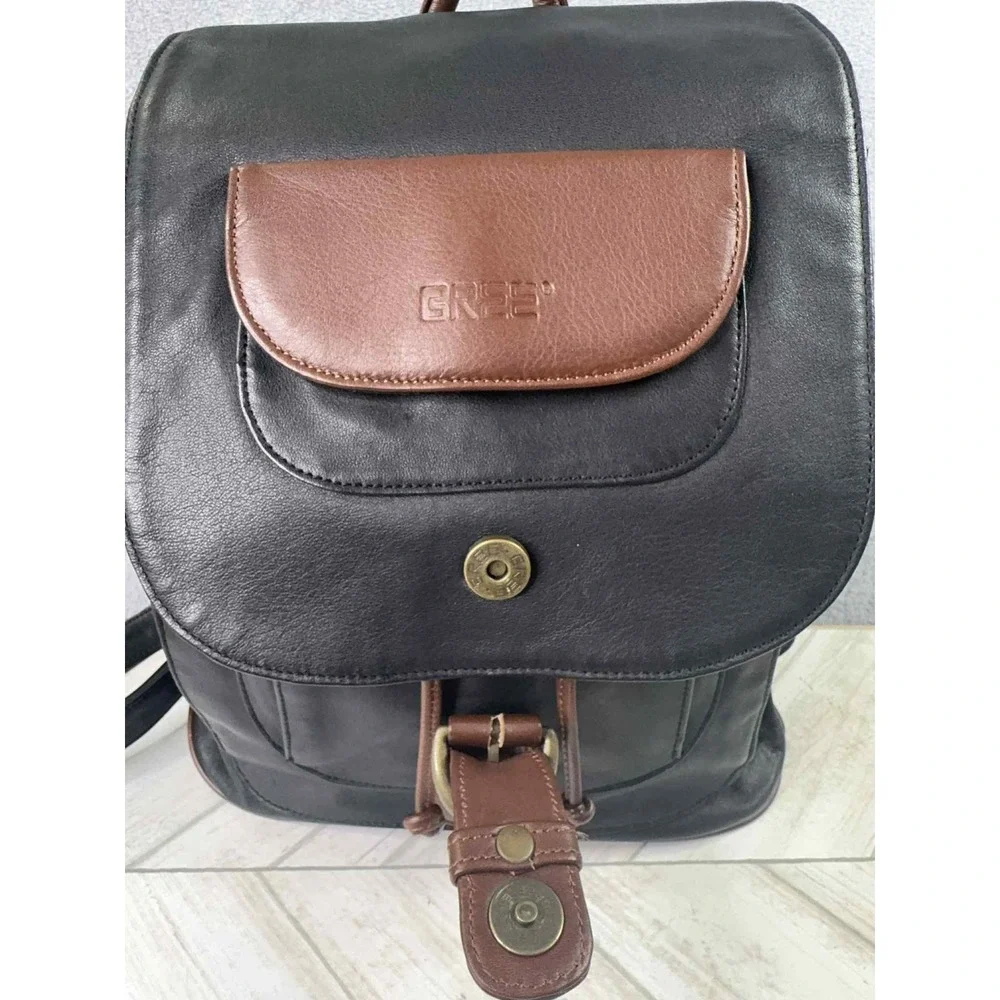BREE Germany Leather Backpack Purse Black Brown Two Tone Drawstring Flap Bag VTG